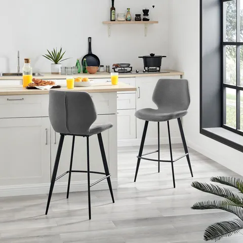 BOXED SET OF 2 NYLA GREY FABRIC BAR STOOLS WITH BLACK LEGS (1 BOX)