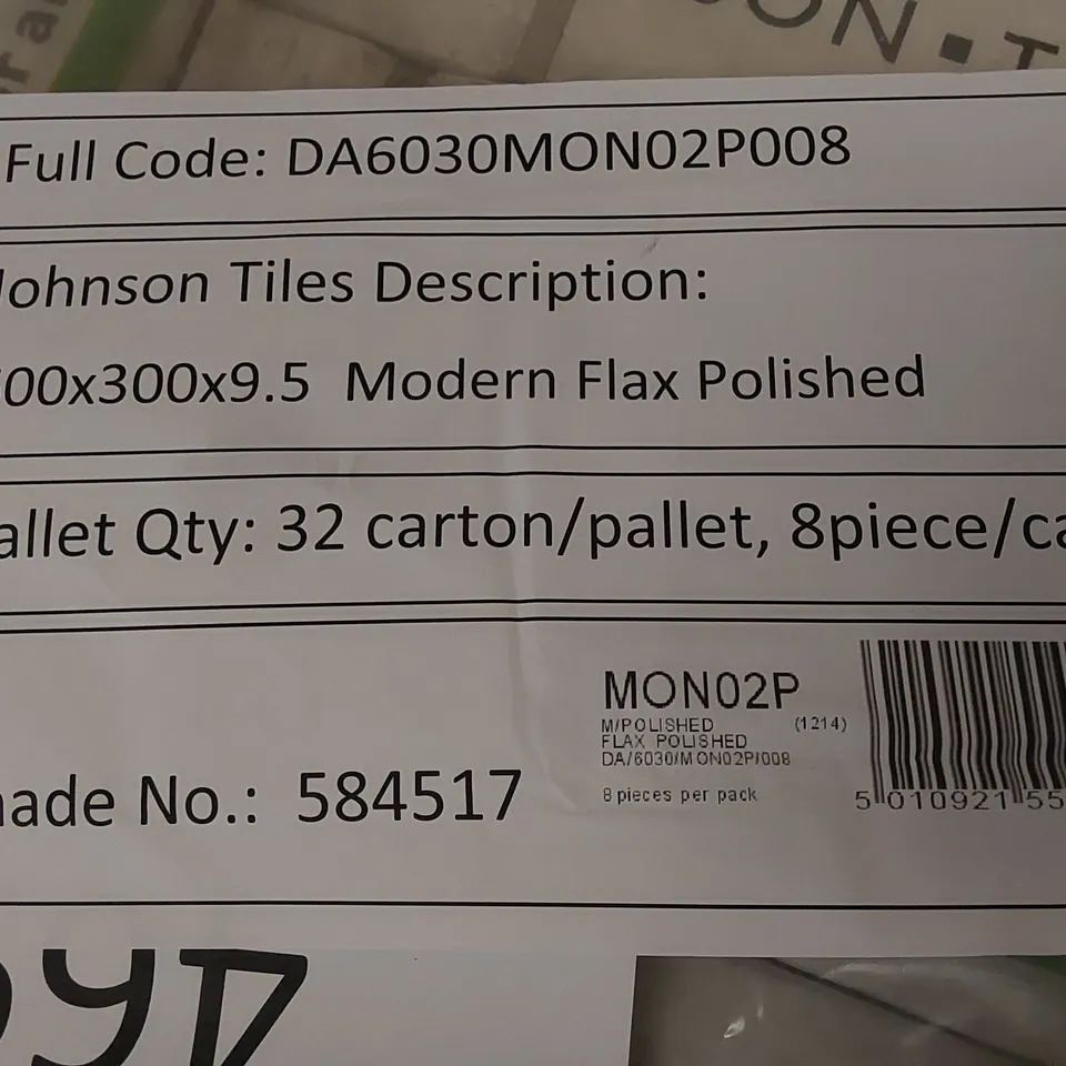 PALLET TO CONTAIN APPROX 32 X PACKS OF JOHNSON TILES MODERN FLAX POLISHED PORCELAIN FLOOR & WALL TILES - 8 TILES PER PACK // TILE SIZE: 600 X 300 X 9.5mm