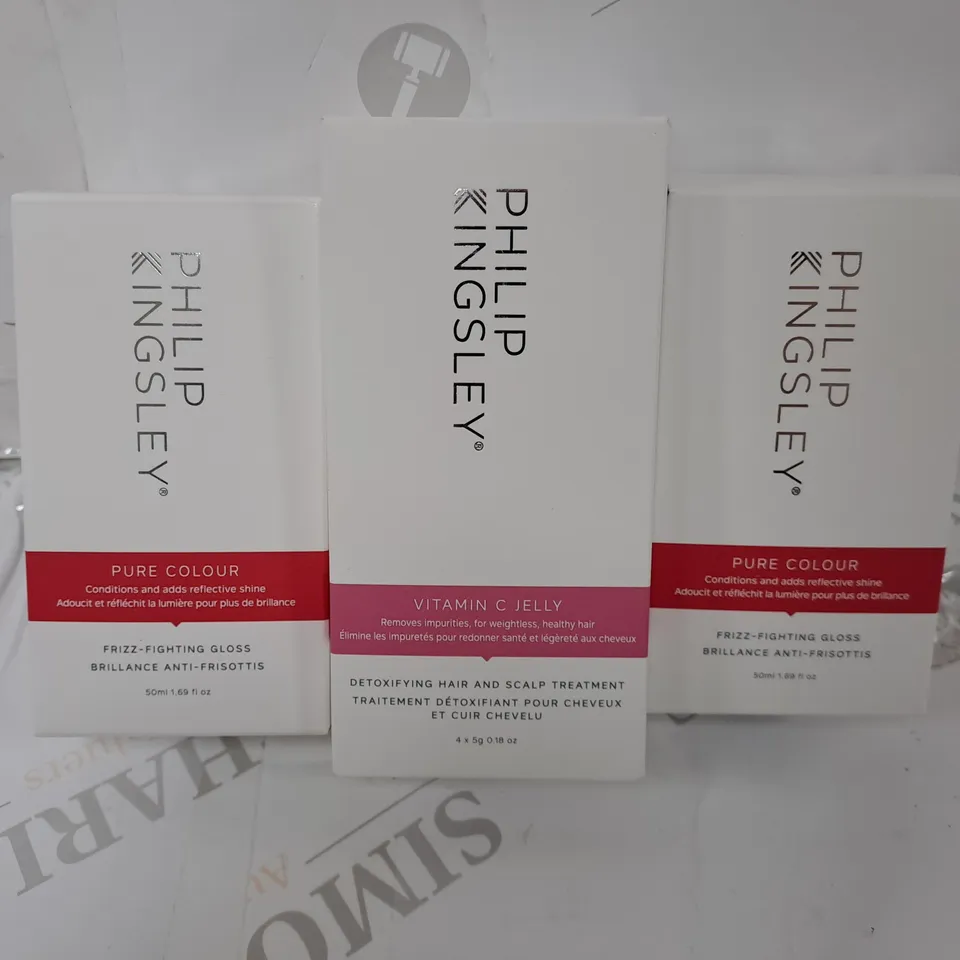 3 BOXED PHILIP KINGSLEY PRODUCTS TO INCLUDE 2 PURE COLOUR FRIZZ FRIGHTENING GLOSS (50ml), VITAMIN C JELLY HAIR AND SCALP TREATMENT (8 x 5g)