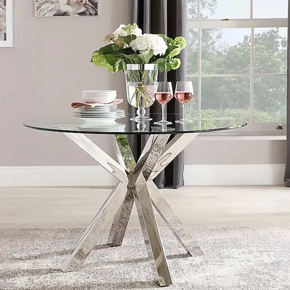 BOXED PLAZA ROUND CHROME AND GLASS 110CM DINING TABLE (2 BOXES)