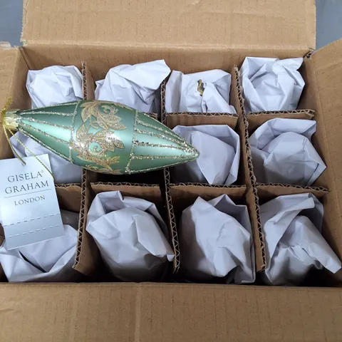 SET OF 12 GISELA GRAHAM DECORATIVE HANGING TREE DECORATIONS IN GREEN