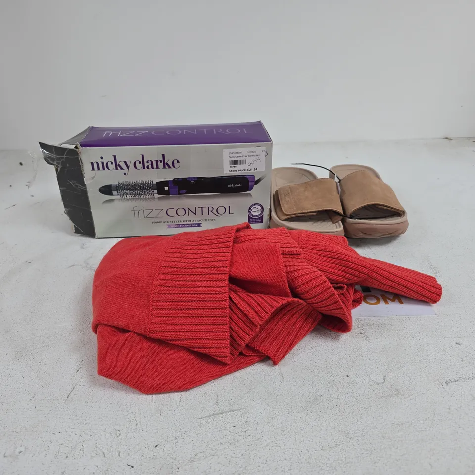BOX OF APPROXIMATELY 20 ASSORTED ITEMS TO INCLUDE NICKY CLARKE FRIZZ CONTROL, CLOTHING, VIONIC SANDALS ETC