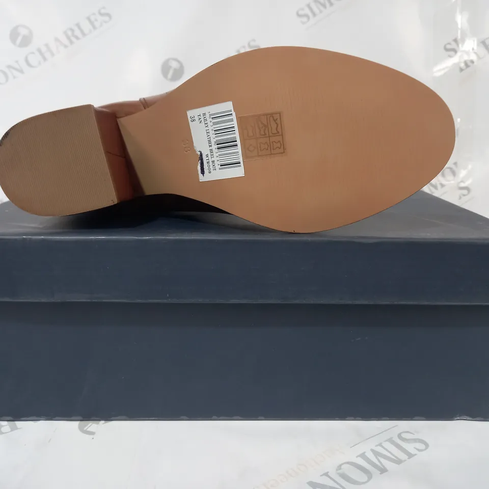 BOXED PAIR OF CREW CLOTHING COMPANY HAILEY LEATHER BLOCK HEEL BOOTS IN TAN EU SIZE 38
