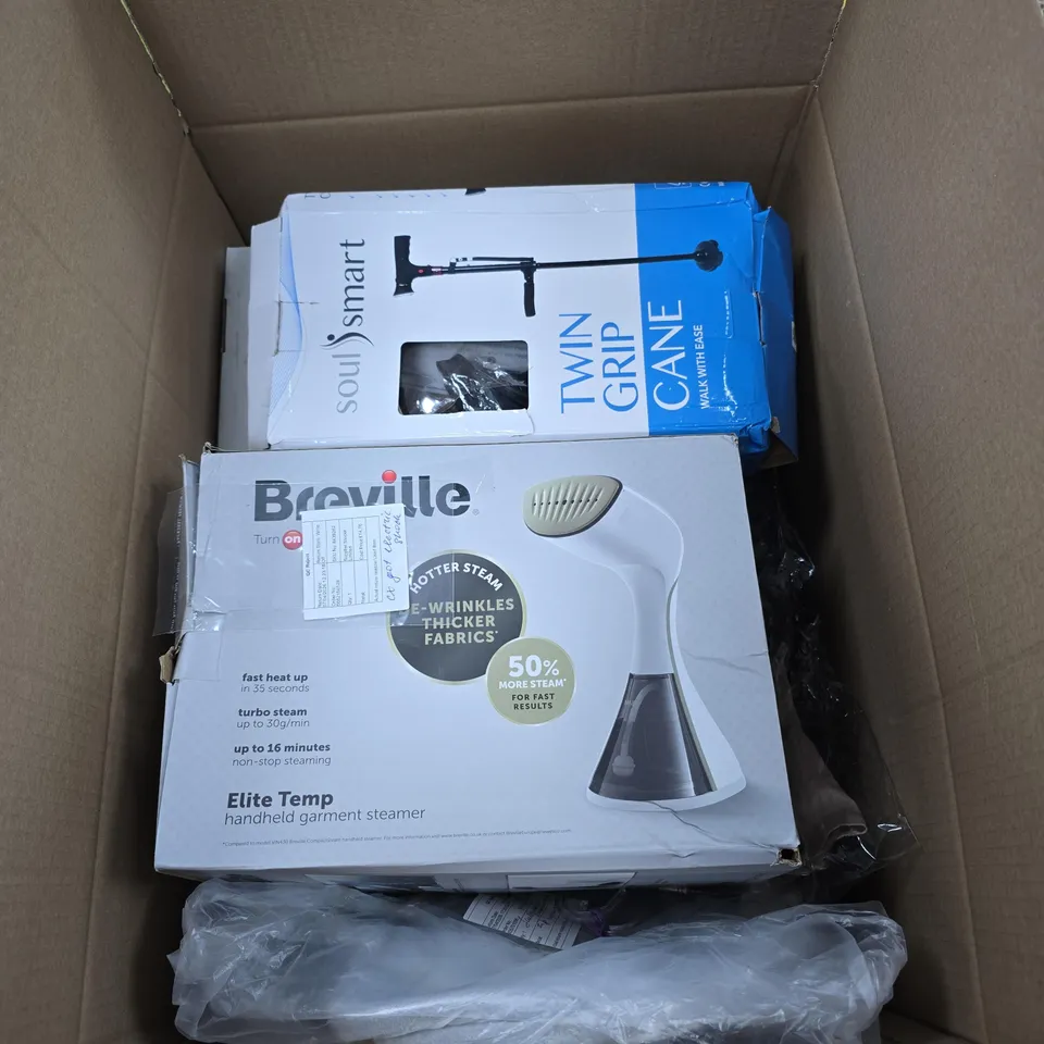 BOX OF APPROXIMATELY 15 ASSORTED HOUSEHOLD ITEMS TO INCLUDE SOUL SMART TWIN GRIP CANE, DI PALOMO BATHING COLLECTION, HIGH WAIST FULL BRIEF ETC