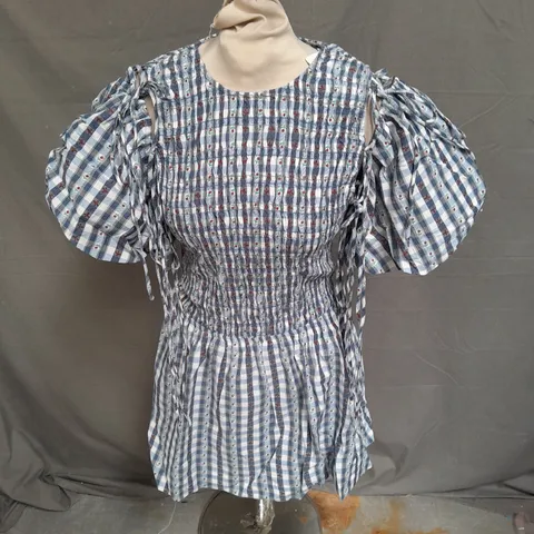 DAMSON MADDER BECCA BUBBLE MINI DRESS IN BLUE MARGOT GINGHAM SIZE 12