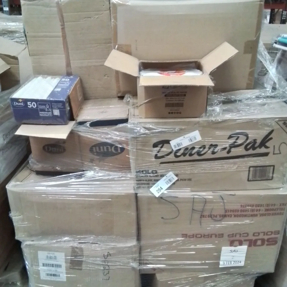 PALLET CONTAINING LARGE QUANTITY OF CANDLES, DOILIES, FOOD CONTAINERS ECT.