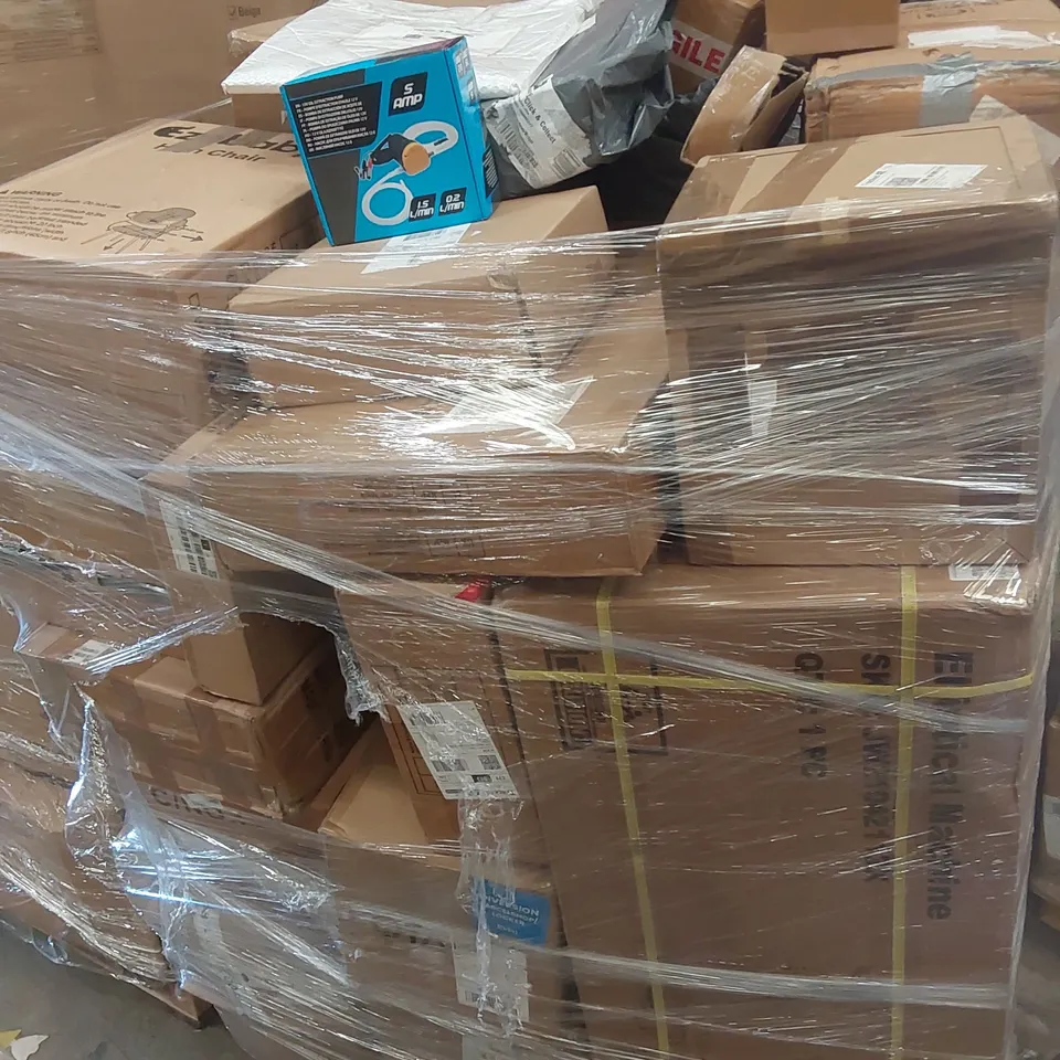 PALLET CONTAINING VARIOUS ASSORTED BOXED HOUSEHOLD ITEMS TO INCLUDE,  ELLIPTICAL MACHINE, AIR BED, BABY HIGH CHAIR, FIRE CADDY, OIL EXTRACTION PUMP AND LOTS MORE UNMARKED BOXED ITEMS 