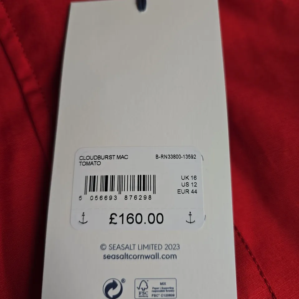SEASALT CORNWALL CLOUDBURST MAC TOMATO RAIN COAT – UK 16