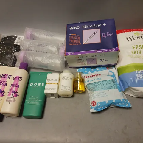 BOX OF APPROXIMATELY 15 COSMETIC ITEMS TO INCLUDE - EPSOM BATH SALT, BD MICRO-FINE, AND TWIN-LINE ETC.