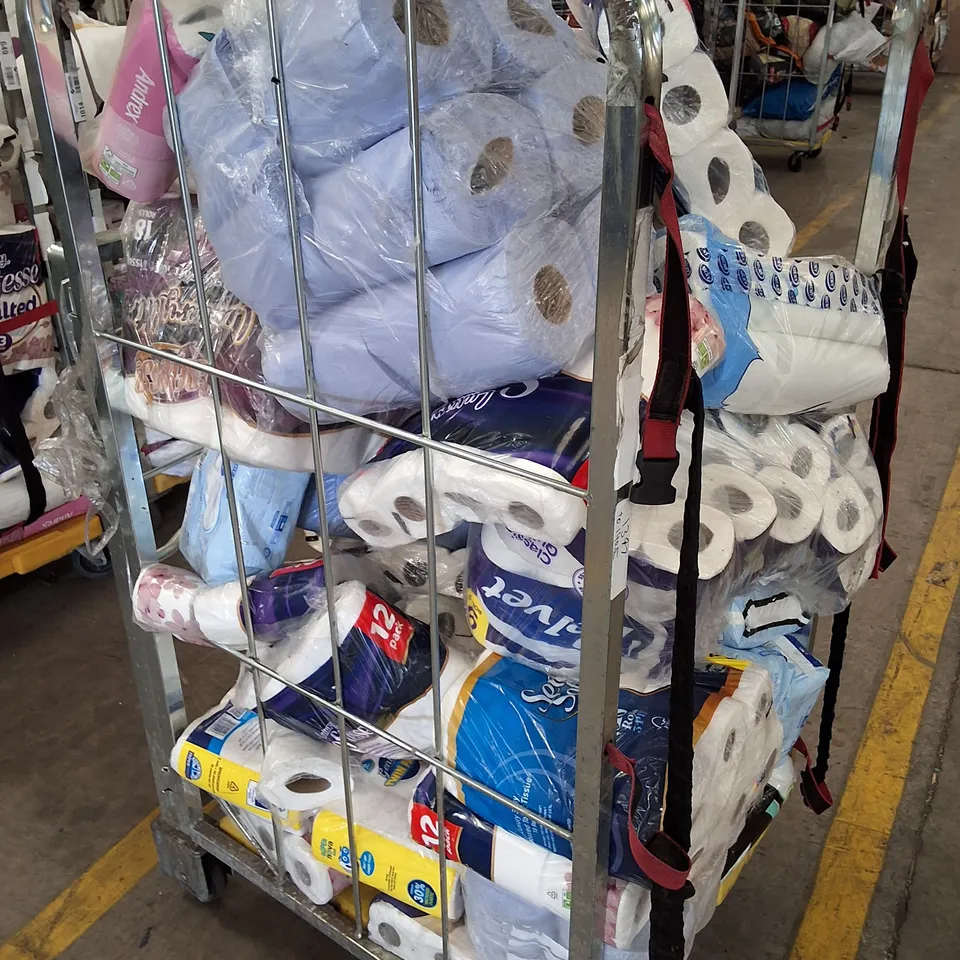 CAGE CONTAINING ASSORTED TOILET TISSUE, KITCHEN ROLLS & BLUE PAPER ROLLS