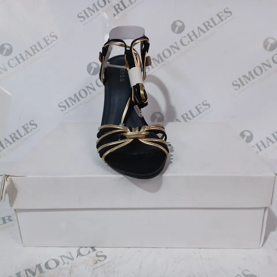 BOXED PAIR OF REISS CASSIDY STRAPPY HEELS IN BLACK/GOLD SIZE 5