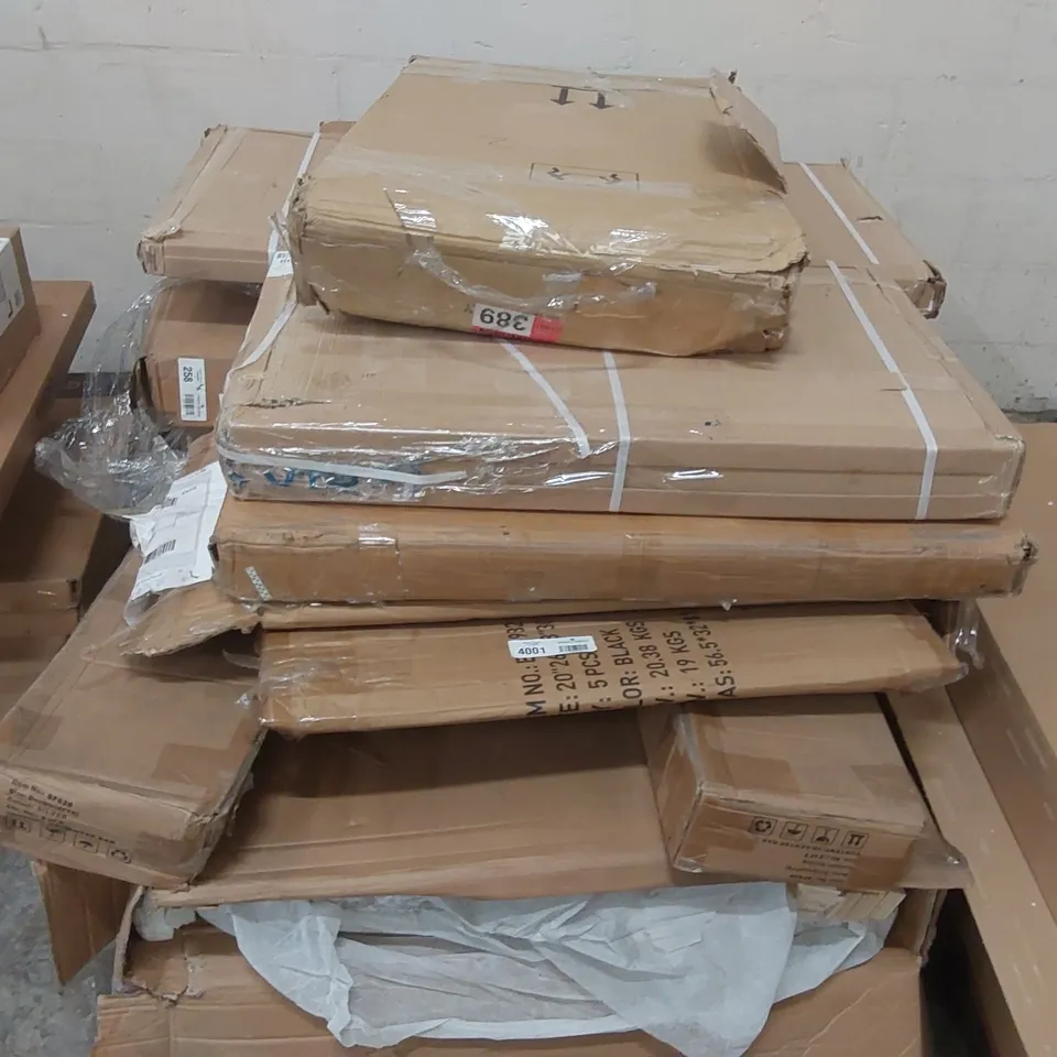 PALLET OF ASSORTED FURNITURE AND PARTS TO INCLUDE: CHERRY TREE SF828 4FT6 BEDFRAMES AND STEAM MOP ECT