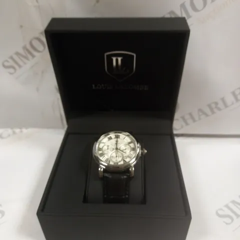 MENS LOUIS LACOMBE CHRONOGRAPH WATCH β MULTI FUNCTION DIAL WITH DATE β ROMAN NUMERAL DIAL β LEATHER STRAP