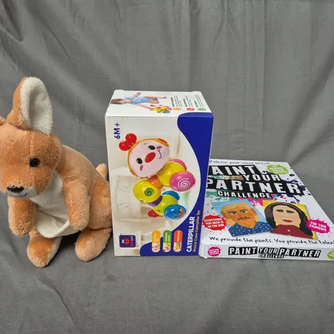 LARGE BOX OF ASSORTED TOYS AND GAMES TO INCLUDE TEDDIES, BABY TOYS AND PAINT YOUR PARTNER