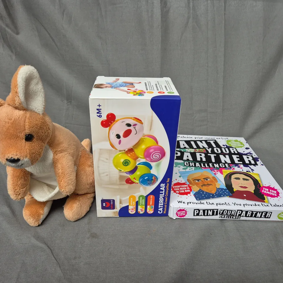 LARGE BOX OF ASSORTED TOYS AND GAMES TO INCLUDE TEDDIES, BABY TOYS AND PAINT YOUR PARTNER