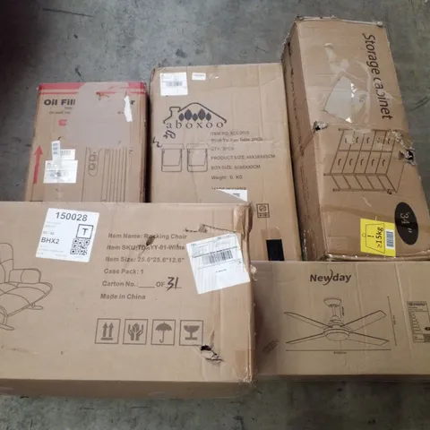 PALLET CONTAINING ASSORTED PRODUCTS INCLUDING STORAGE CABINET, CEILING FAN LIGHT, ROCKING CHAIR, BLACK TV TRAY TABLE & OIL FILLED RADIATOR