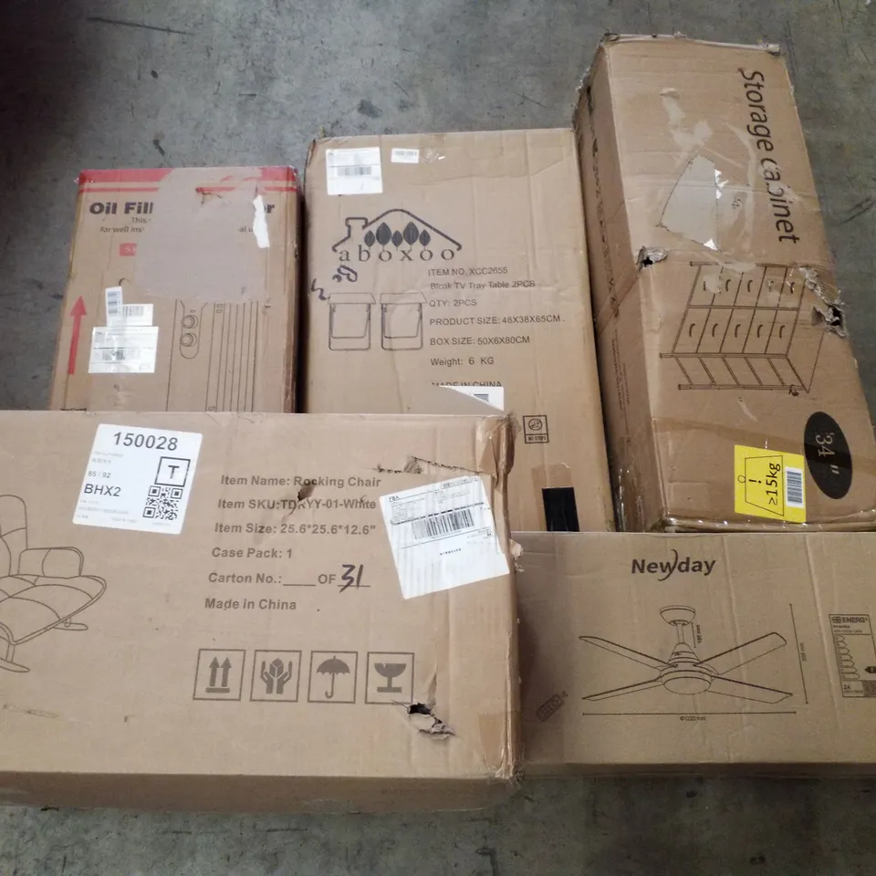 PALLET CONTAINING ASSORTED PRODUCTS INCLUDING STORAGE CABINET, CEILING FAN LIGHT, ROCKING CHAIR, BLACK TV TRAY TABLE & OIL FILLED RADIATOR 