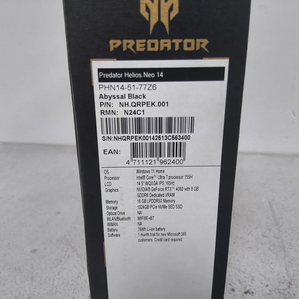BOXED PREDATOR HELIOS NEO 14 INTEL ULTRA 7 GEFORCE RTX 4060 8GB VRAM 16BG LPDDR5X RAM LAPTOP IN ABYSSAL BLACK - PHN14-51-77Z6