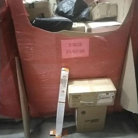 PALLET OF ASSORTED HOUSEHOLD GOODS AND PRODUCTS TO INCLUDE; HIGH PRESSURE WASHER, HAKUNA MATTE CLOUD PLAY, BLINDS, BOXED FURNITURE ETC
