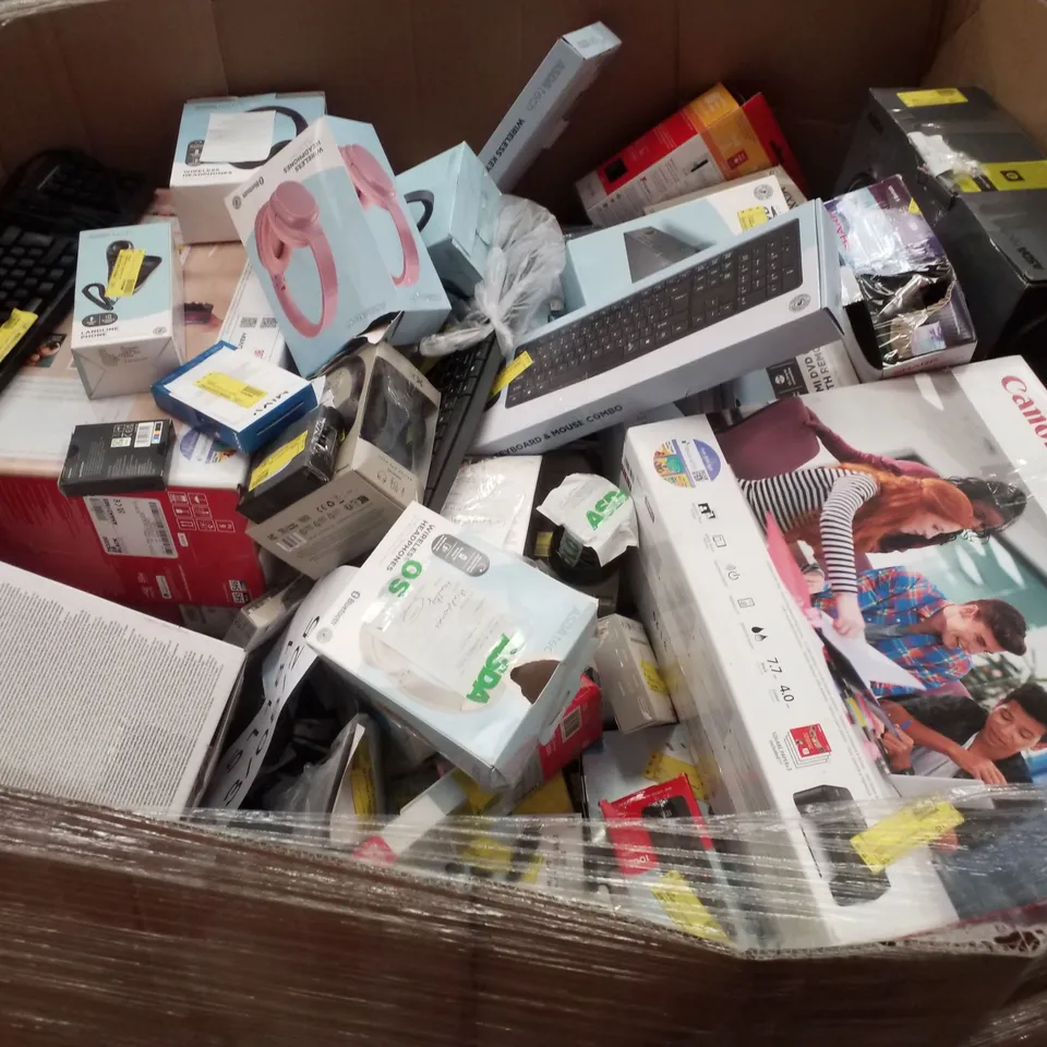 PALLET CONTAINING ASSORTED ELECTRICAL RETURNS INCLUDING CANON  PIXMA TS3350 PRINTER, HP ENVY 6020E PRINTER, GAMING KIT, AERIAL, WIRELESS HEADPHONES & UNIVERSAL REMOTE