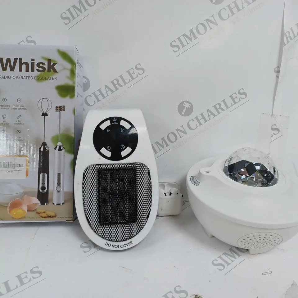 BOX OF APPROX 6 ASSORTED ITEMS TO INCLUDE - PLUG MINI HEATER - WHITE WIRELESS EARBUDS - WHISK RADIO OPERATED ECT