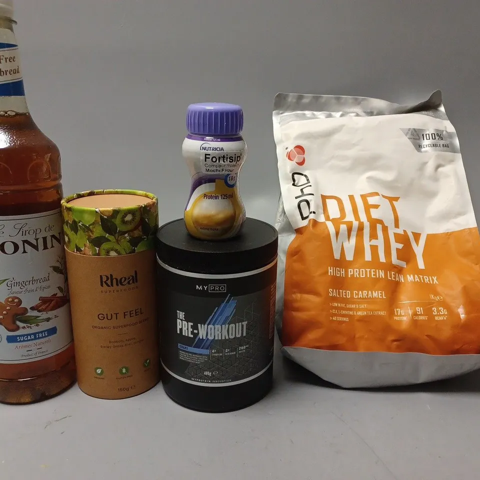 BOX OF APPROX 8 ASSORTED FOOD ITEMS TO INCLUDE - DIET WHEY SALTED CARAMEL - MY PRO PRE WORKOUT - RHEAL GUT FEEL SUPERFOOD BLEND ECT