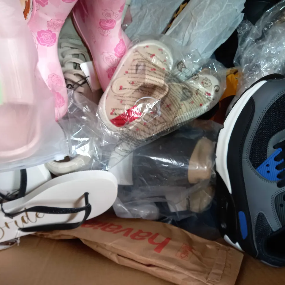 BOX OF APPROXIMATELY 20 ASSORTED PAIRS OF SHOES AND FOOTWEAR ITEMS IN VARIOUS STYLES AND SIZES TO INCLUDE NEW LOOK, NEXT, ON, ETC