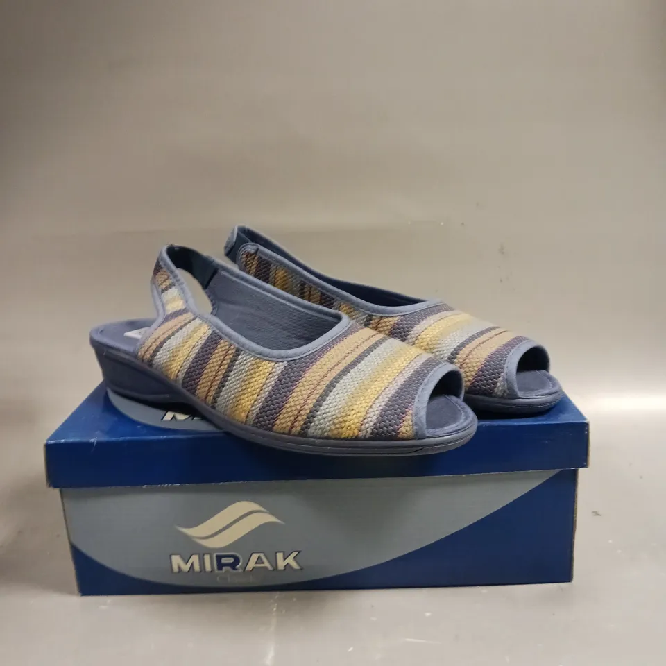 BOXED PAIR OF MIRAK CLASSIC CARLA OPEN TOE SHOES IN BLUE - SIZE 7
