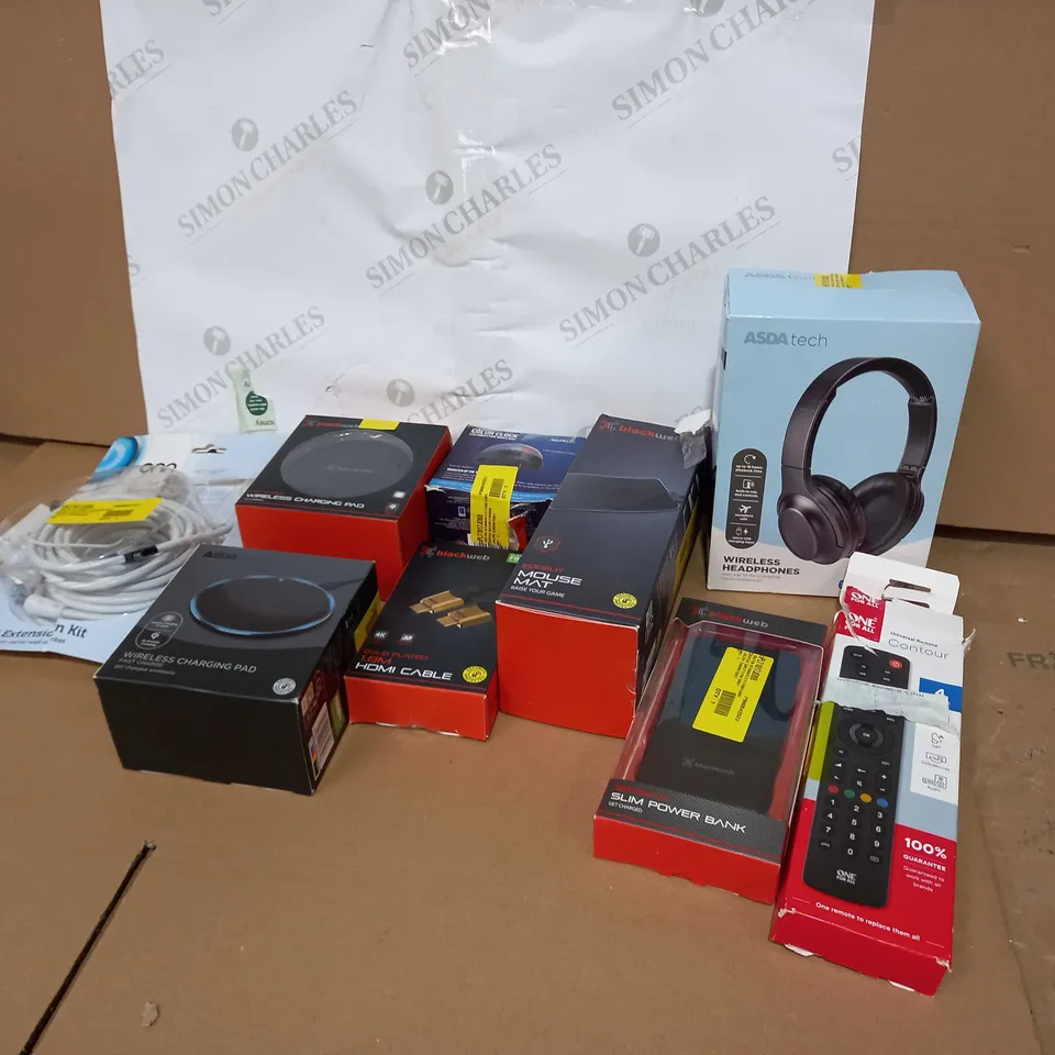 BOX OF APPROXIMATELY 35 ASSORTED ITEMS TO INCLUDE A TV AERIAL EXTENSION KIT, A WIRELESS CHARGING PAD, BLACKWEB MOUSE MAT AND A PAIR OF WIRELESS HEADPHONES