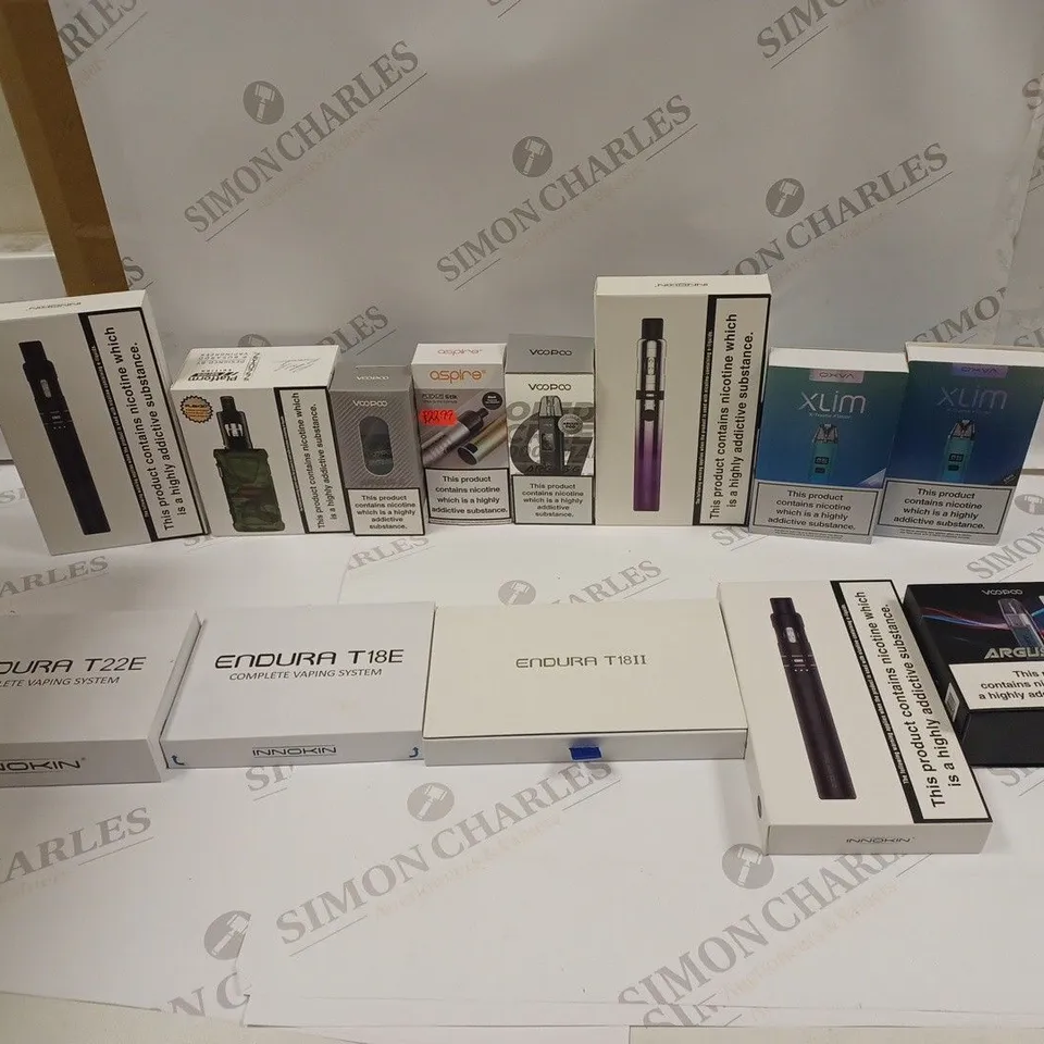 LOT OF APPROXIMATELY 20 E-CIGARETTES TO INCLUDE OXVA XLIM, ENDURA T18II, AND ASPIRE FLEXUS STIK ETC. 