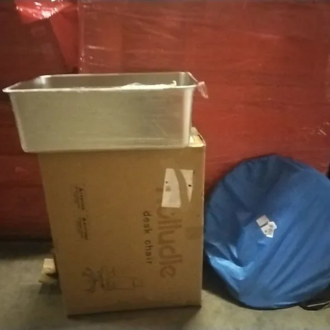 PALLET OF ASSORTED PRODUCTS AND HOUSEHOLD GOODS TO INCLUDE;STAINLESS STEEL CAT LITTER BOX,DESK CHAIR,POPUP TENT