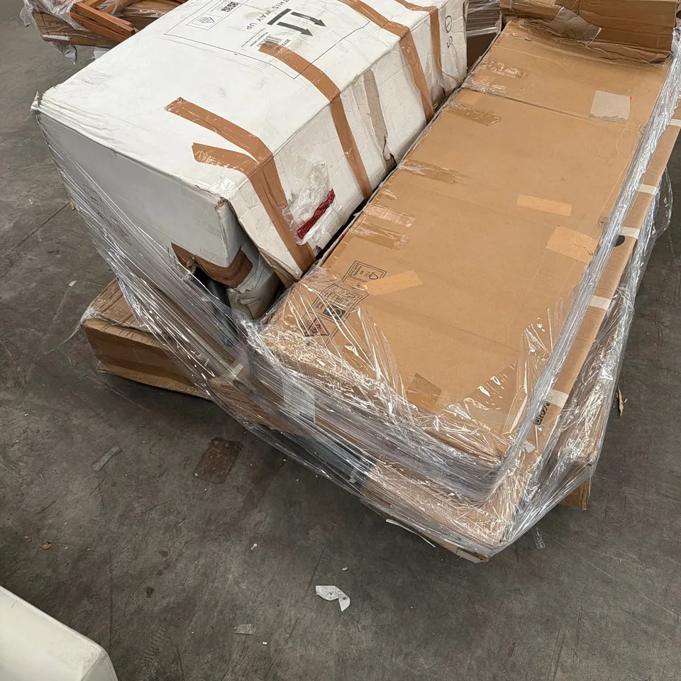 PALLET OF ASSORTED FURNITURE ITEMS INCLUDING EGG CHAIR, SIDE BOARD AND GARDEN TABLE