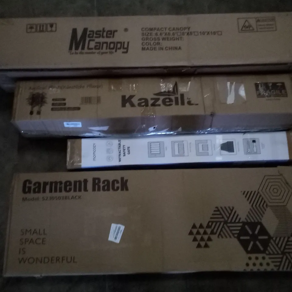 PALLET OF ASSORTED ITEMS INCLUDING GARMENT RACK, RETRACTABLE SAFETY GATE, ARTIFICIAL PLANTS, MASTER CANOPY COMPACT CANOPY