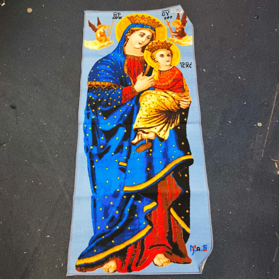 RELIGIOUS TEXTILE RUG – VIRGIN MARY AND CHILD ON BLUE MANTLE