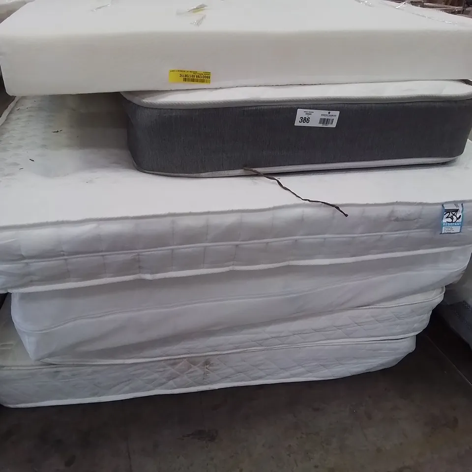 PALLET OF APROXIMATLY 6 ASSORTED UNBAGGED MATTRESSES 3', 4' & 4'6"