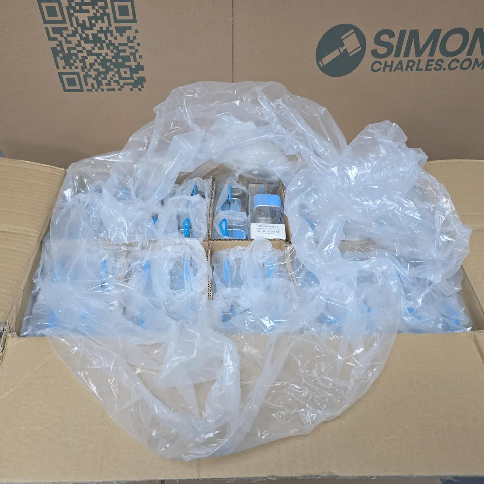 BOX OF APPROXIMATELY 75 EU PLUG 3 PORT USB WALL CHARGER 