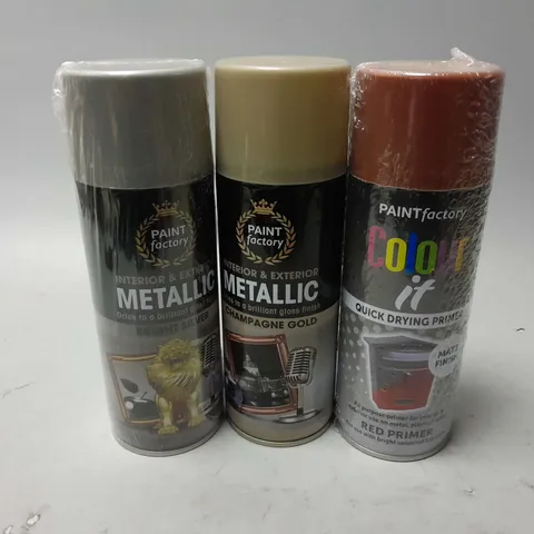 APPROXIMATELY 30 PAINTFACTORY COLOUR IT QUICK DRYING PRIMER, PAINTFACTORY INTERIOR & EXTERIOR METALLIC CHAMPAGNE GOLD PAINT, PAINTFACTORY INTERIOR & EXTERIOR METALLIC BRIGHT SILVER PAINT, ETC - COLLEC
