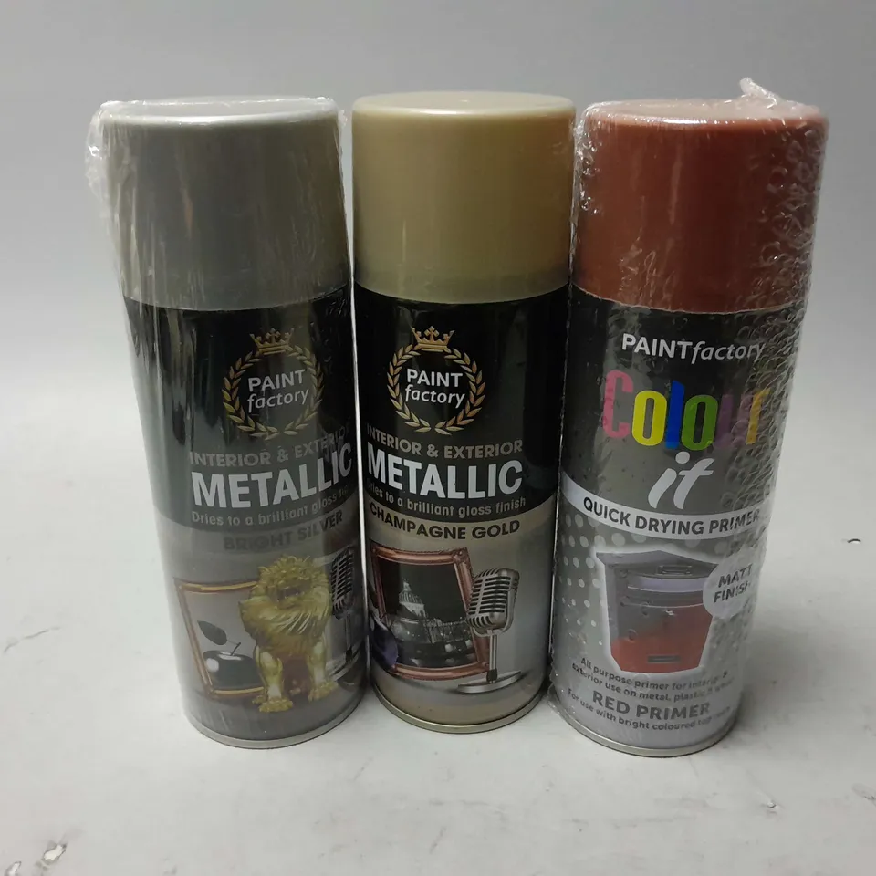 APPROXIMATELY 30 PAINTFACTORY COLOUR IT QUICK DRYING PRIMER, PAINTFACTORY INTERIOR & EXTERIOR METALLIC CHAMPAGNE GOLD PAINT, PAINTFACTORY INTERIOR & EXTERIOR METALLIC BRIGHT SILVER PAINT, ETC - COLLEC