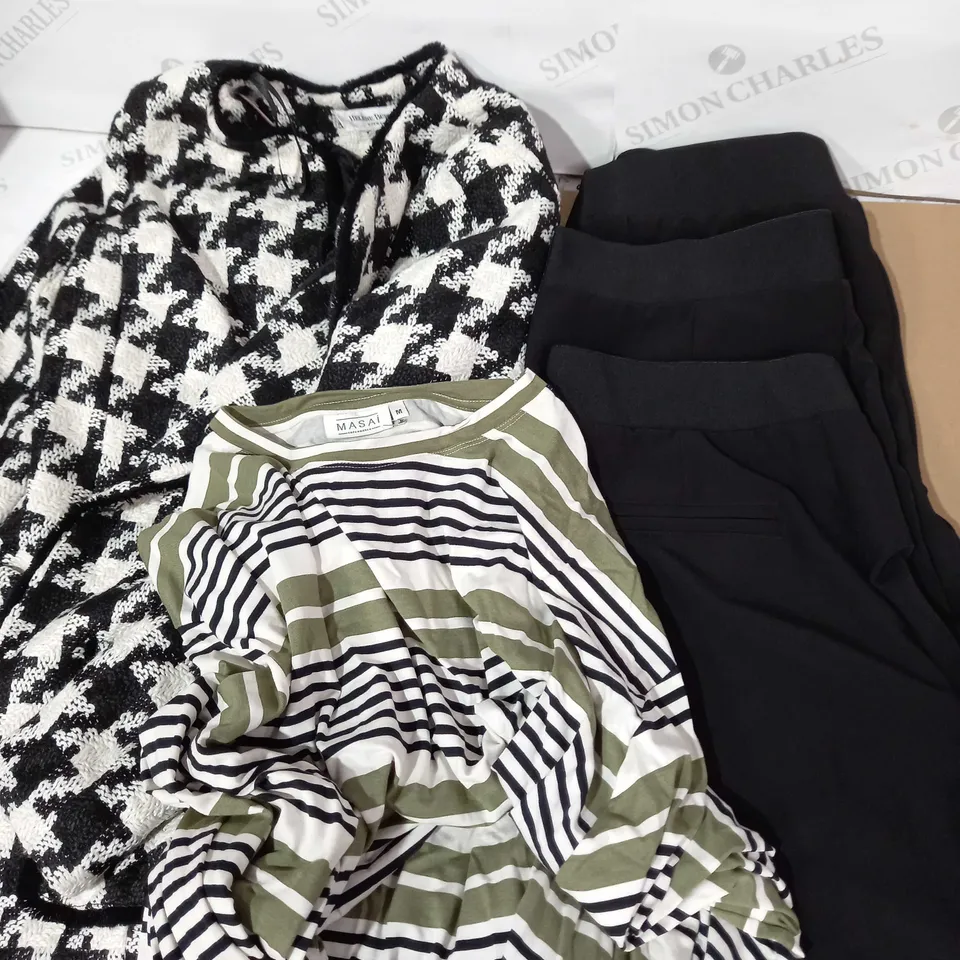 LOT OF ASSORTED CLOTHES INCLUDING 3 PAIRS OF BLACK TROUSERS (SIZES 12), COAT (SIZE 12), TOP (SIZE M)