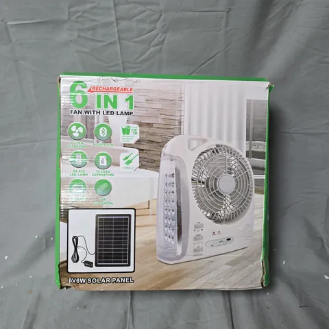 6-IN-1 RECHARGEABLE FAN WITH LED LAMP – SOLAR PANEL INCLUDED 