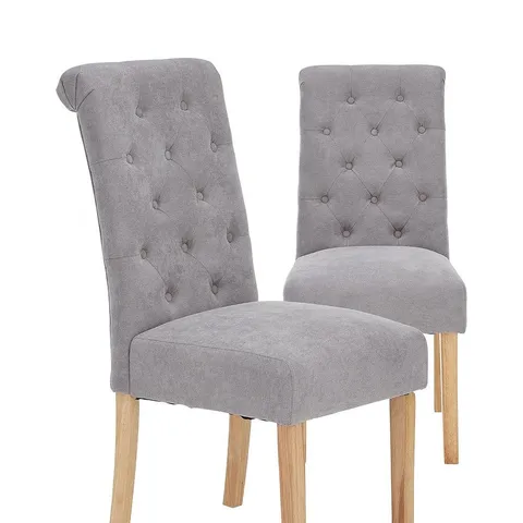 BOXED SET OF 2 FABRIC SCROLL BACK DINING CHAIRS - GREY/OAK EFFECT [COLLECTION ONLY]