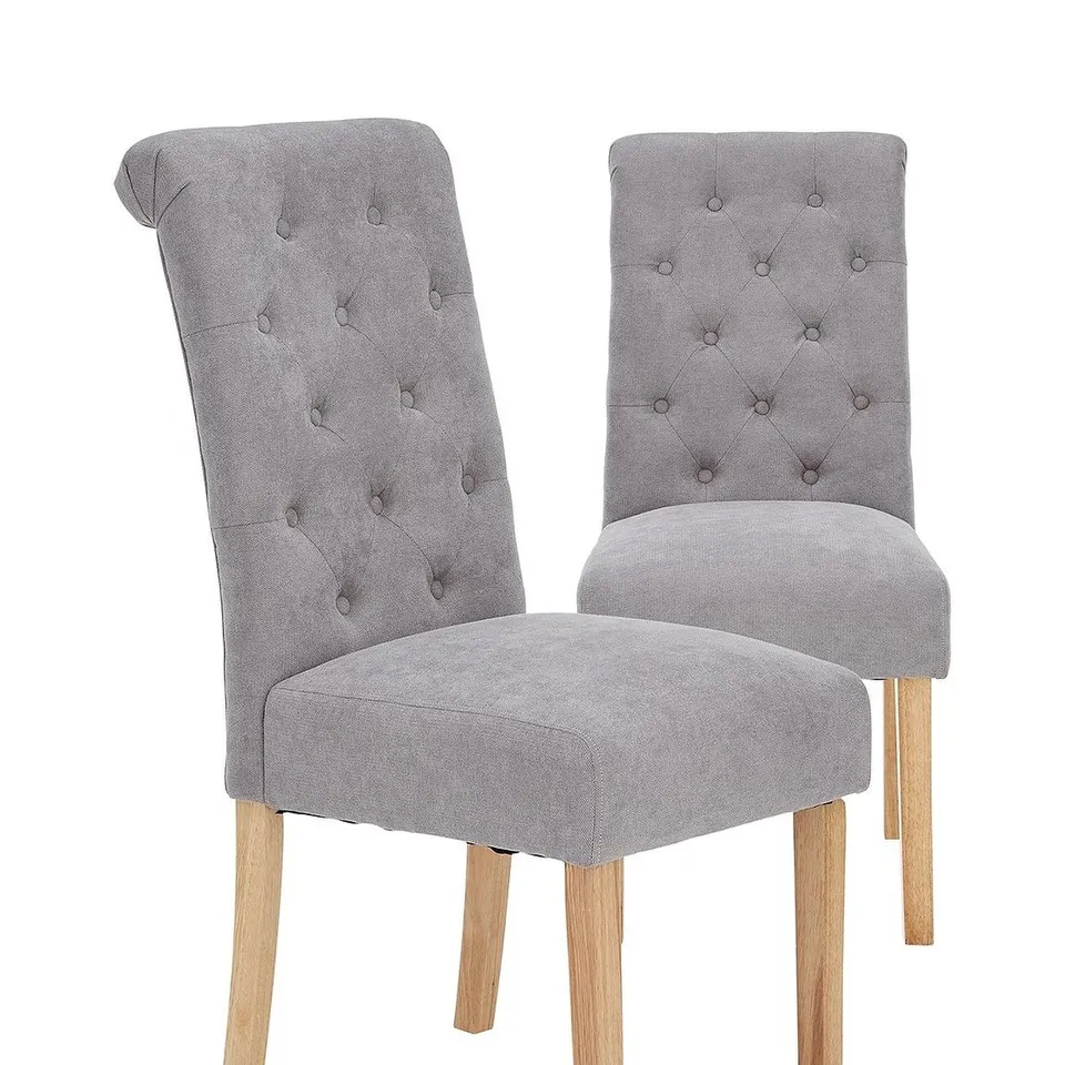 BOXED SET OF 2 FABRIC SCROLL BACK DINING CHAIRS - GREY/OAK EFFECT [COLLECTION ONLY] RRP £259