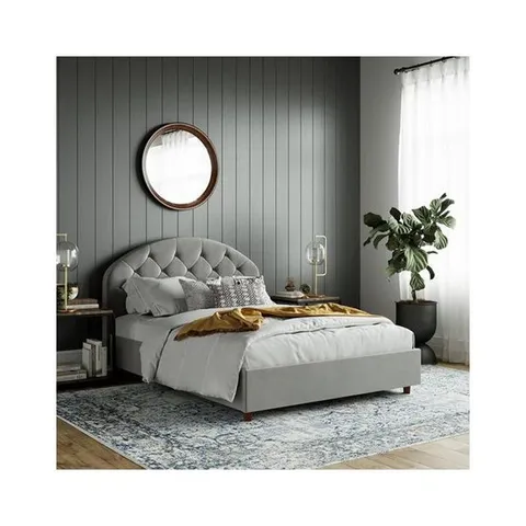 BOXED ASPEN UPHOLSTERED BED LIGHT GREY VELVET DOUBLE