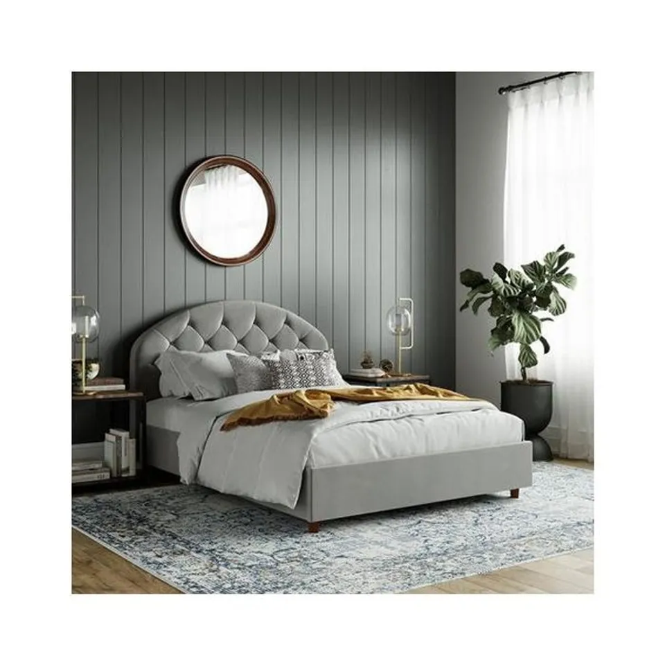 BOXED ASPEN UPHOLSTERED BED LIGHT GREY VELVET DOUBLE