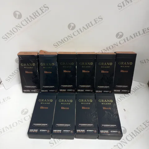 APPROXIMATELY 10 BOXED (10 CAPSULES PER BOX) GRANO MILANO RICCO DARK ROAST NESPRESSO CAPSULES