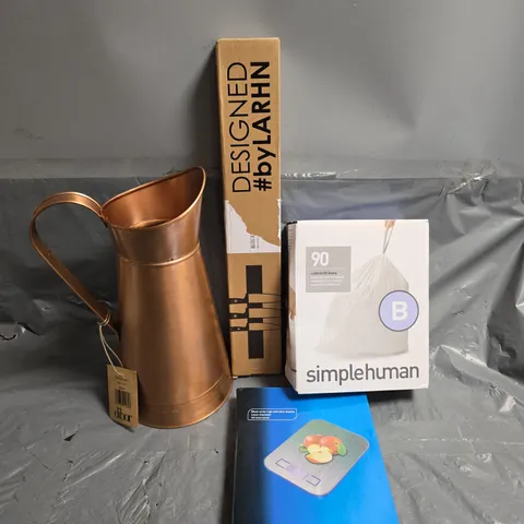 BOX OF APPROXIMATELY 10 ASSORTED HOUSEHOLD ITEMS TO INCLUDE - DIGITAL KITCHEN SCALE - MAGNETIC KNIFE RACK - SIMPLE HUMAN EXTRA STRONG BIN LINERS - ETC - COLLECTION ONLY