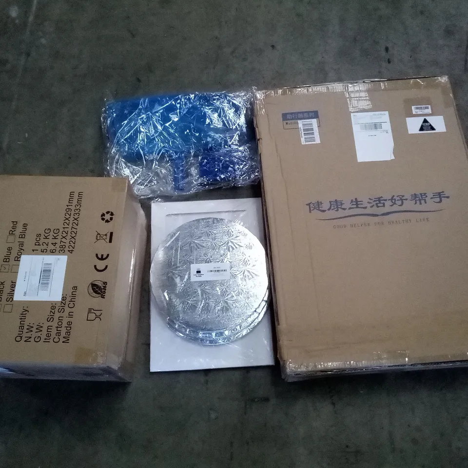 PALLET OF ASSORTED ITEMS INCLUDING WALKER WITH WHEELS, STAND MIXER, WHITE CAKE BOX & SILVER ROUND DRUMS, POOL CLEANING SET