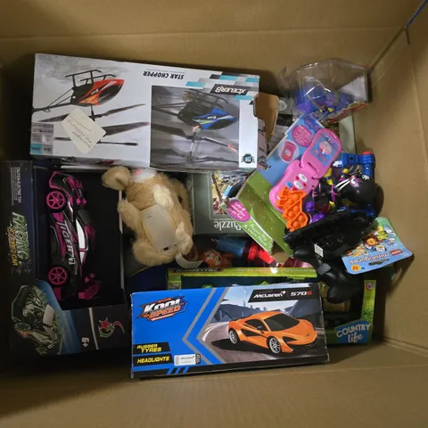 BOX OF ASSORTED CHILDREN'S TOYS – CARS, RC HELICOPTER, PLUSH BEAR, AND PLAYSETS