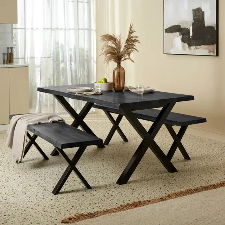 BOXED EZRA 6 SEATER RECTANGULAR DINING TABLE WITH 2 BENCHES - BLACK (2 BOXES)