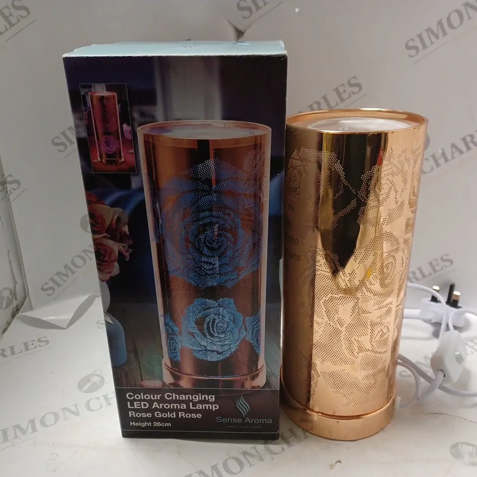 BOXED COLOUR CHANGING LED AROMA LAMP IN ROSE GOLD ROSE - 26CM